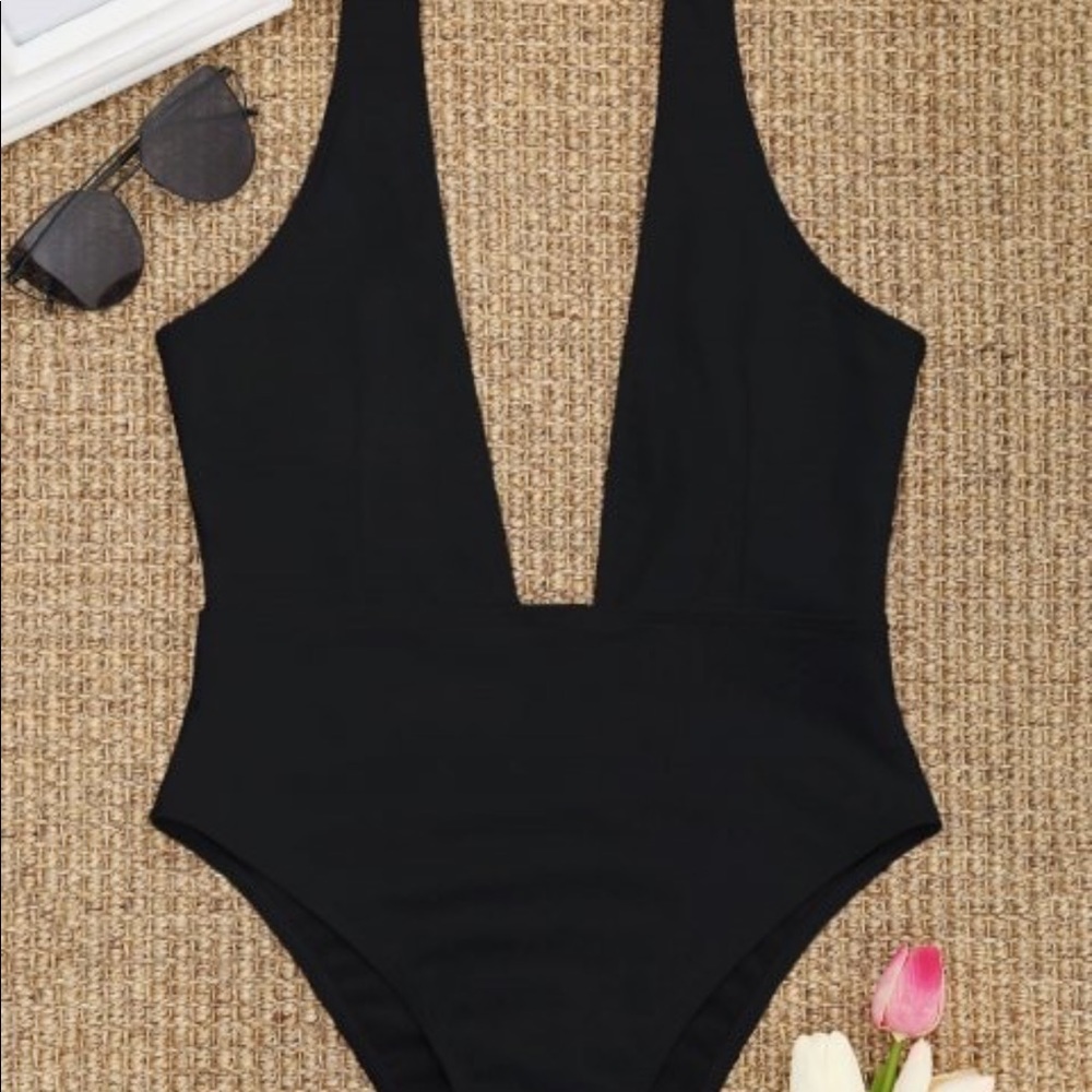BLACK PLUNGE CUT ONE PIECE SWIMSUIT